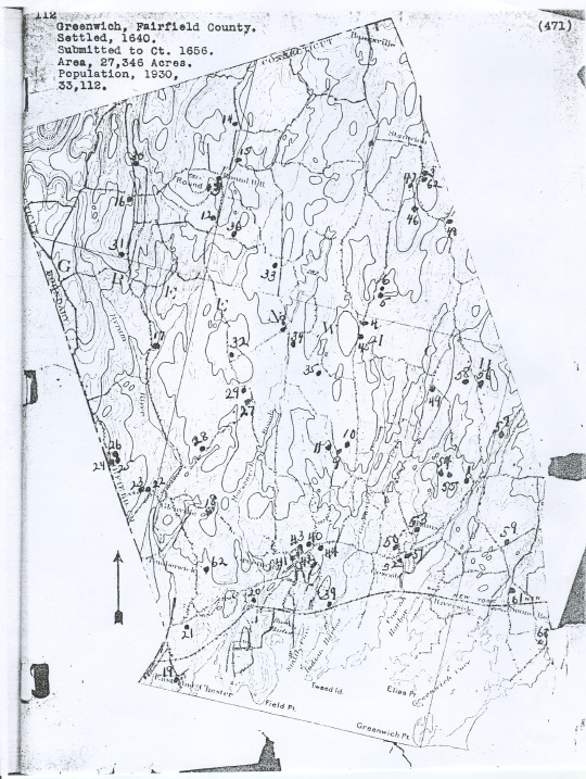 Historical map showing cemetery locations in Greenwich, Connecticut, from the Charles R. Hale Collection