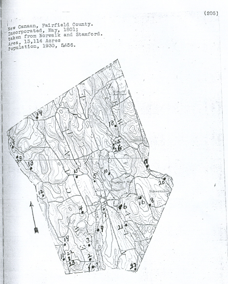Historical map showing cemetery locations in New Canaan, Connecticut, from the Charles R. Hale Collection