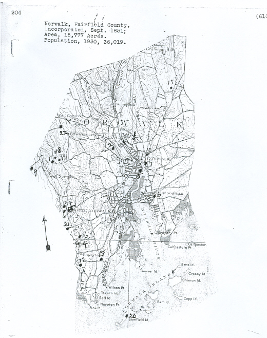 Historical map showing cemetery locations in Norwalk, Connecticut, from the Charles R. Hale Collection